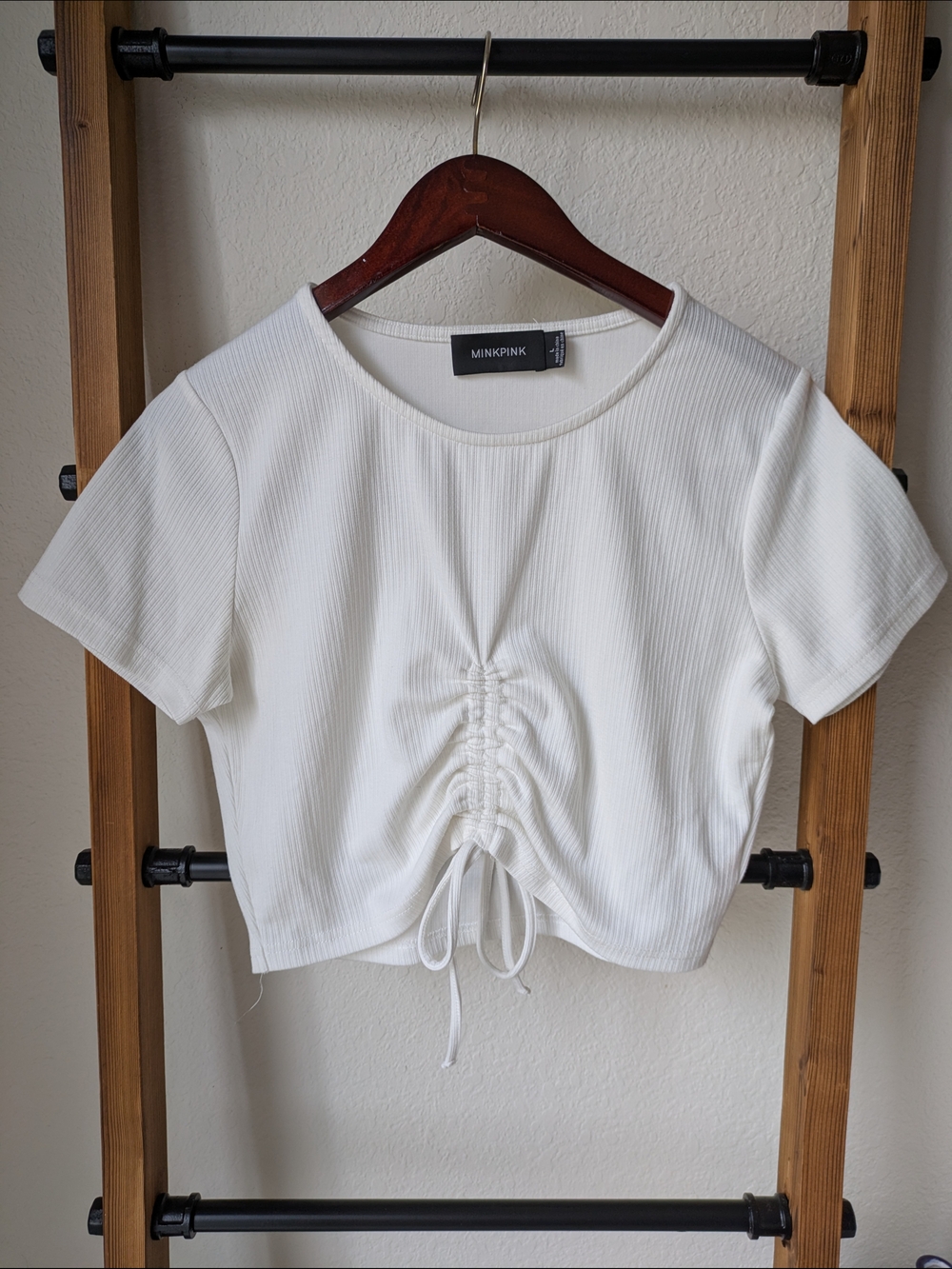 MINKPINK White Ruched Drawstring Crop Top